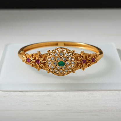 Antique Gold Tone Designer Bangle with Green & Pink Stones | Floral CZ Bangle for Women
