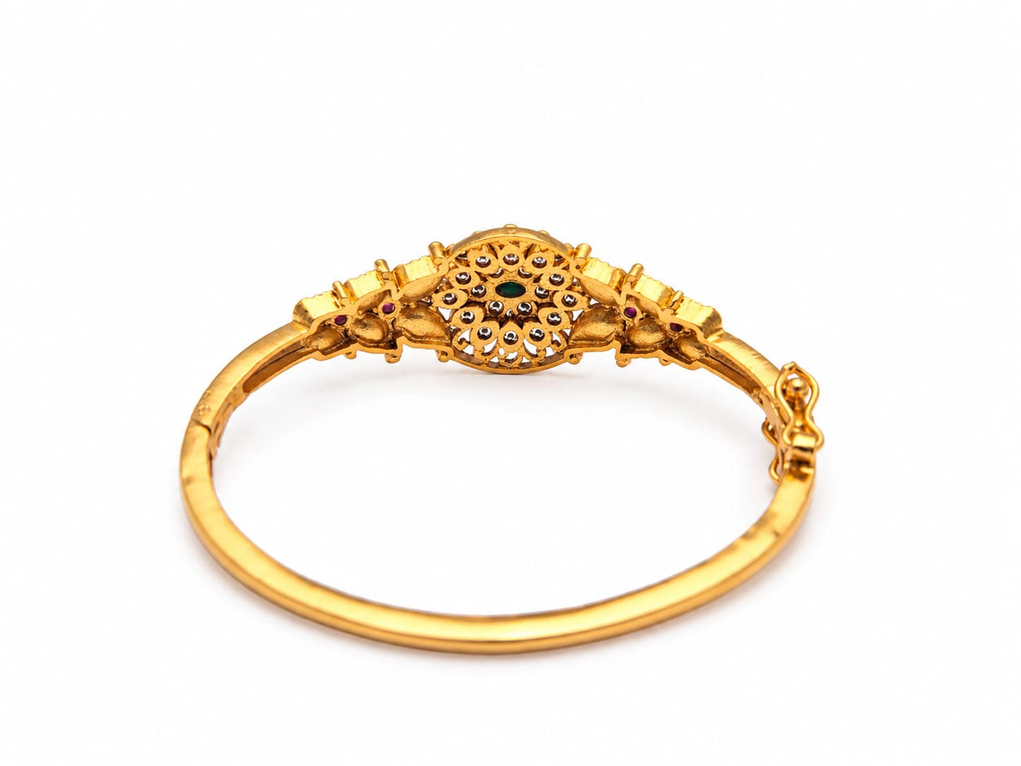 Antique Gold Tone Designer Bangle with Green & Pink Stones | Floral CZ Bangle for Women