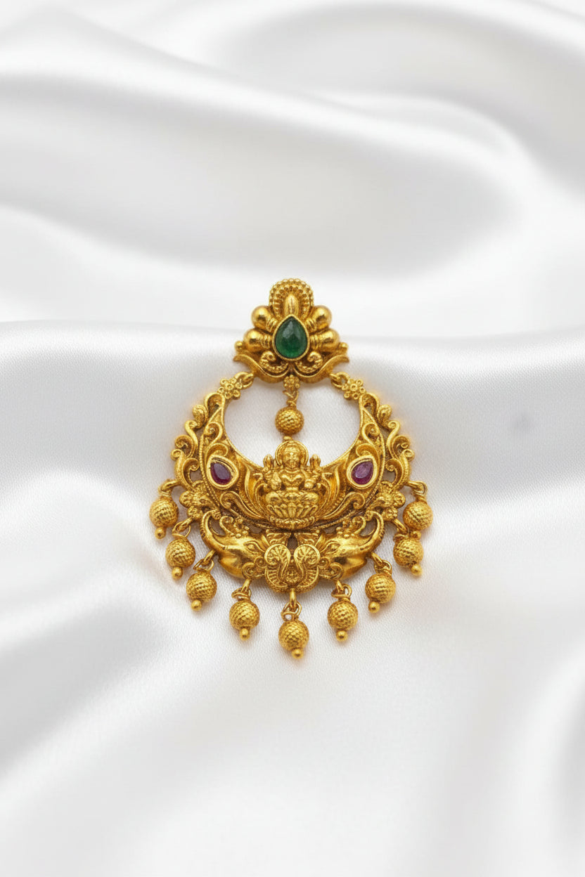 Antique Gold Plated Lakshmi Pendant  Set with Green Stone & Matching Earrings