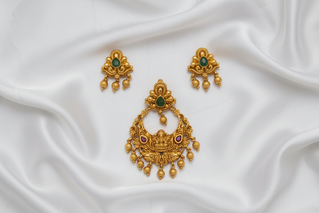 Antique Gold Plated Lakshmi Pendant  Set with Green Stone & Matching Earrings