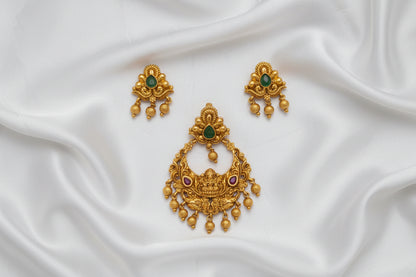 Antique Gold Plated Lakshmi Pendant  Set with Green Stone & Matching Earrings