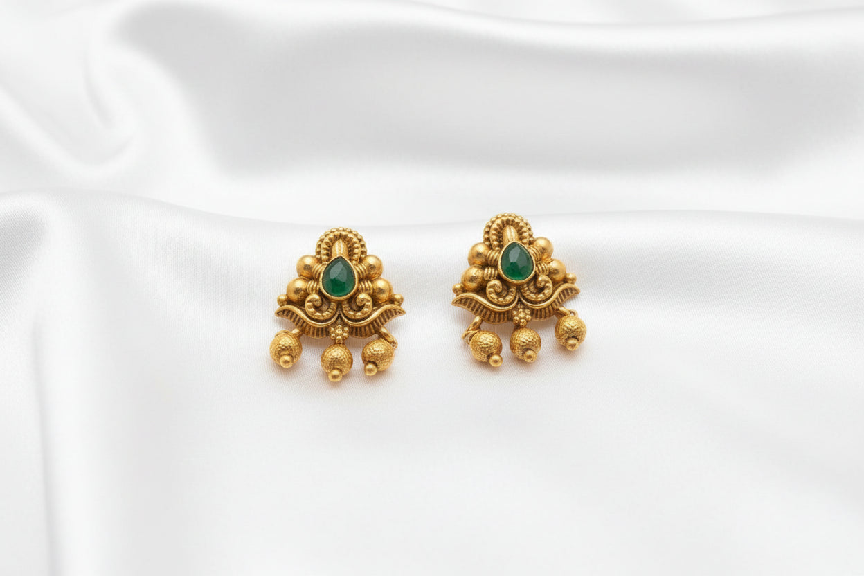 Antique Gold Plated Lakshmi Pendant  Set with Green Stone & Matching Earrings