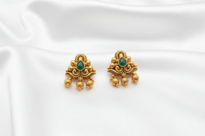 Antique Gold Plated Lakshmi Pendant  Set with Green Stone & Matching Earrings