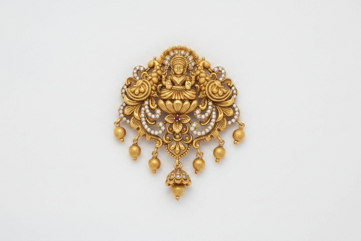 Antique Lakshmi Pendant | Temple Jewellery Gold-Tone Pendant with CZ Stones