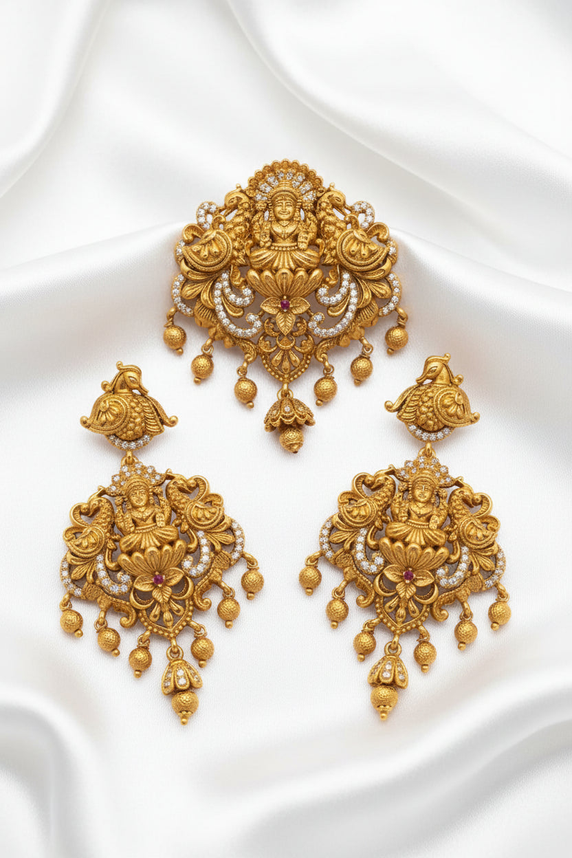 Antique Lakshmi Pendant | Temple Jewellery Gold-Tone Pendant with CZ Stones