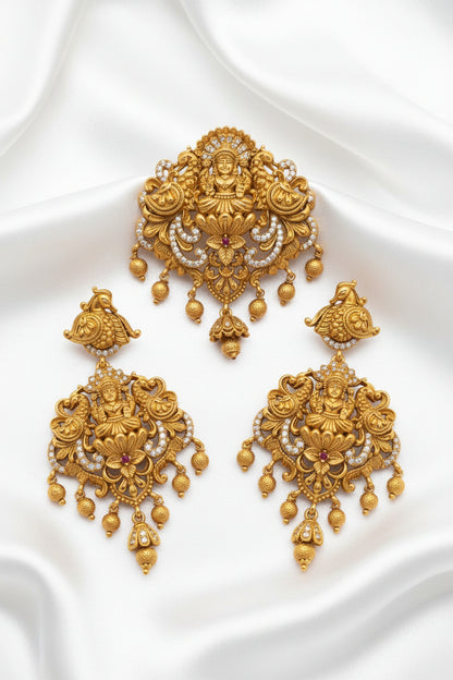 Antique Lakshmi Pendant | Temple Jewellery Gold-Tone Pendant with CZ Stones