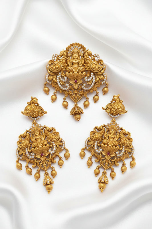 Antique Lakshmi Pendant | Temple Jewellery Gold-Tone Pendant with CZ Stones