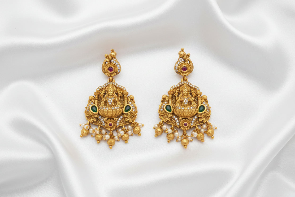 Antique Lakshmi Devi Temple Jewellery Pendant & Earrings Set – Gold Plated