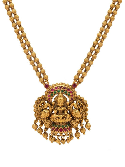 Antique Lakshmi Devi Pendant Necklace with Double Beaded Gold-Tone Chain