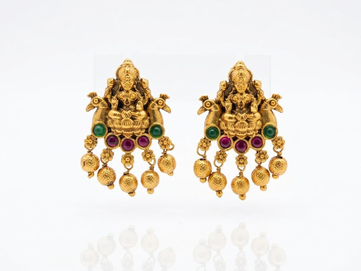 Antique Lakshmi Devi Pendant Necklace with Double Beaded Gold-Tone Chain