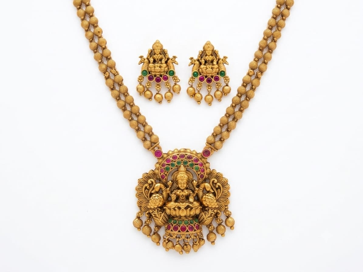 Antique Lakshmi Devi Pendant Necklace with Double Beaded Gold-Tone Chain
