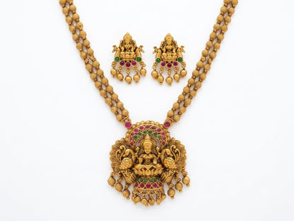 Antique Lakshmi Devi Pendant Necklace with Double Beaded Gold-Tone Chain