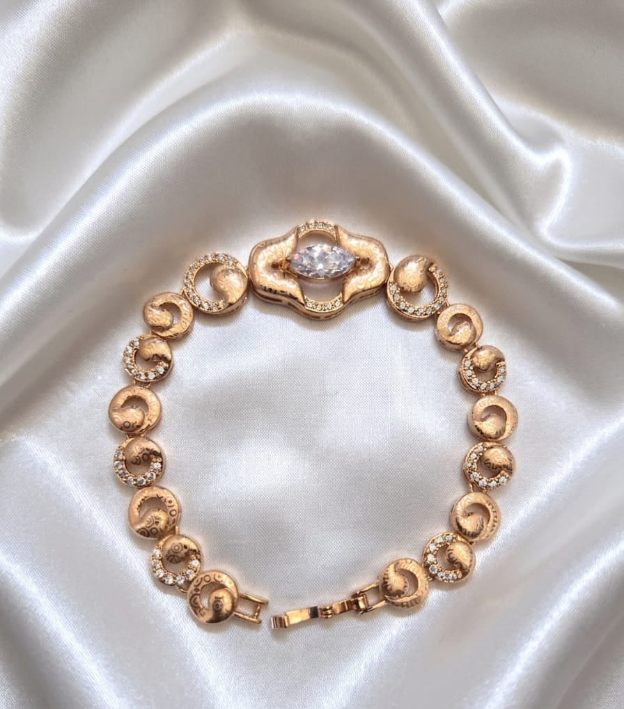 Elegant Gold-Tone CZ Stone Bracelet with Floral Centrepiece