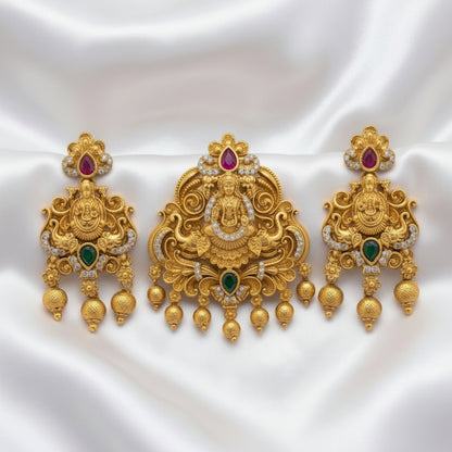 Antique Lakshmi Pendant  & Earrings Set with Ruby and Emerald Stones
