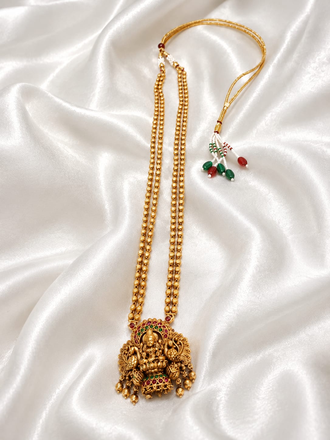 Antique Lakshmi Devi Pendant Necklace with Double Beaded Gold-Tone Chain