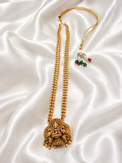 Antique Lakshmi Devi Pendant Necklace with Double Beaded Gold-Tone Chain