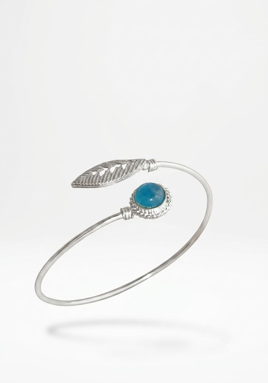 Silver-Tone Blue Stone 💙🎀 Feather Open Bangle Bracelet