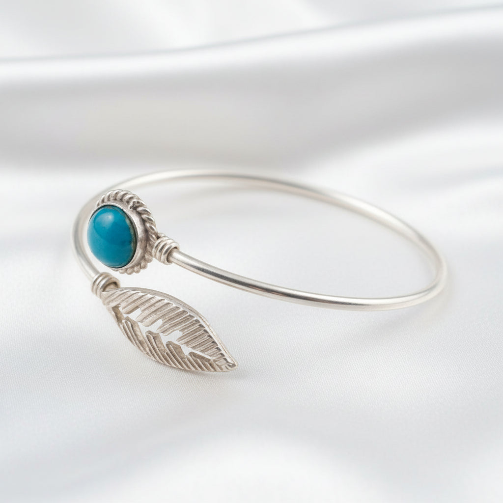 Silver-Tone Blue Stone 💙🎀 Feather Open Bangle Bracelet