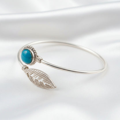 Silver-Tone Blue Stone 💙🎀 Feather Open Bangle Bracelet