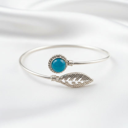 Silver-Tone Blue Stone 💙🎀 Feather Open Bangle Bracelet
