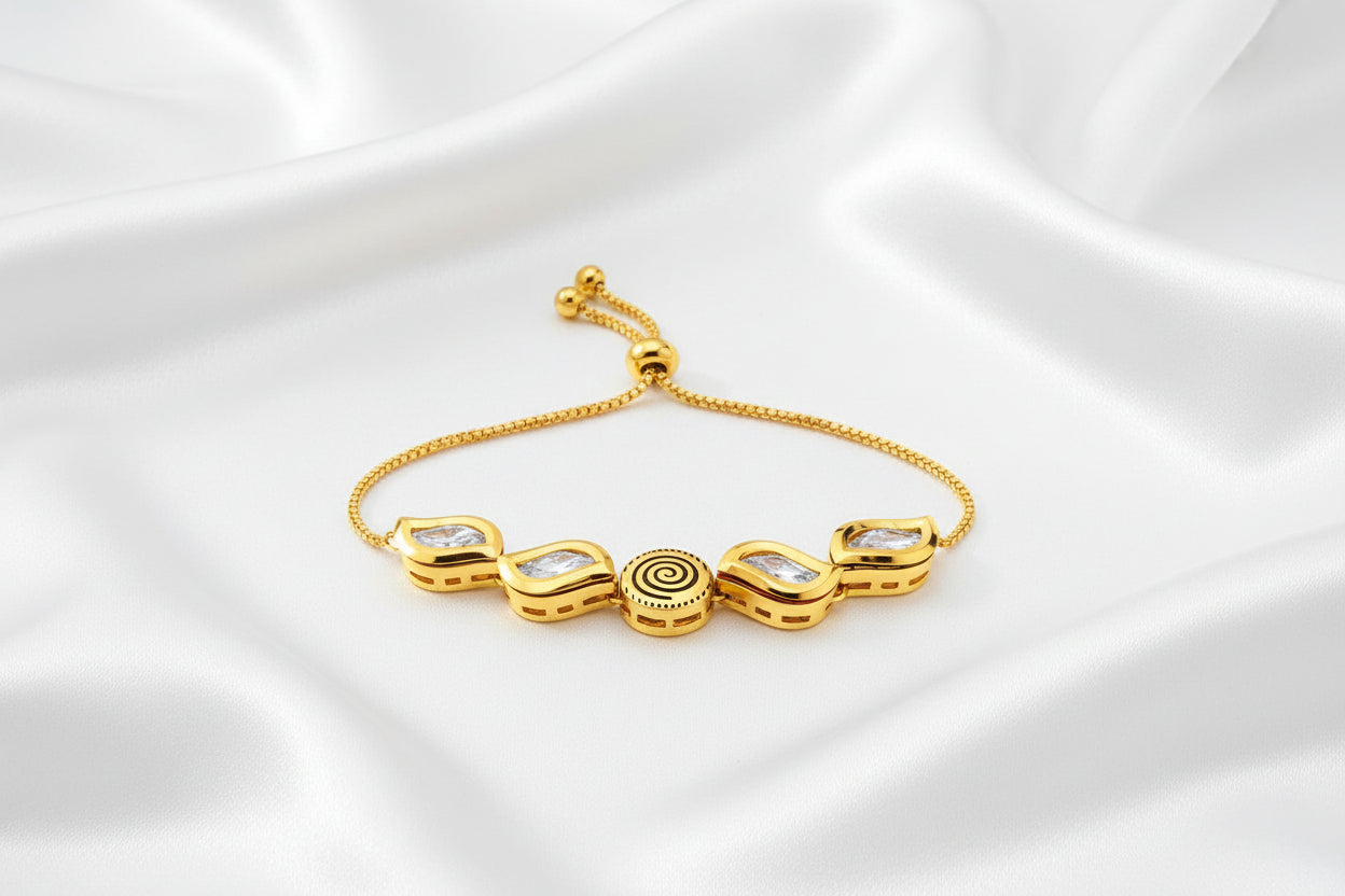 Elegant Gold Finish Adjustable Crystal Bracelet with Spiral Center Design