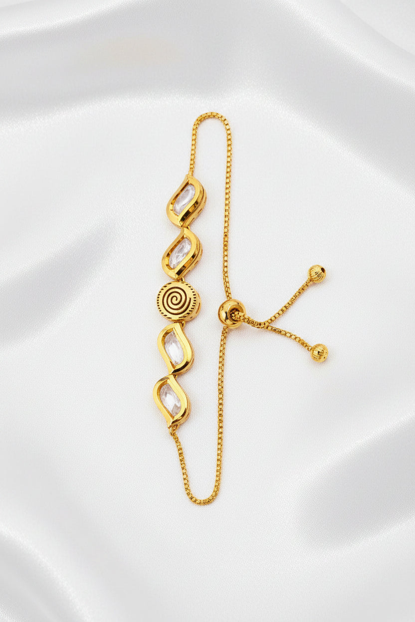 Elegant Gold Finish Adjustable Crystal Bracelet with Spiral Center Design