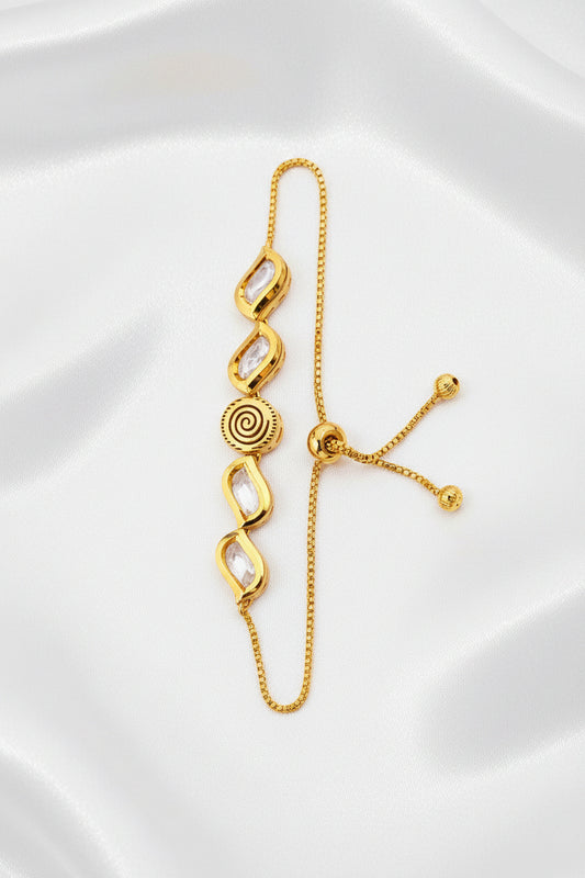 Elegant Gold Finish Adjustable Crystal Bracelet with Spiral Center Design