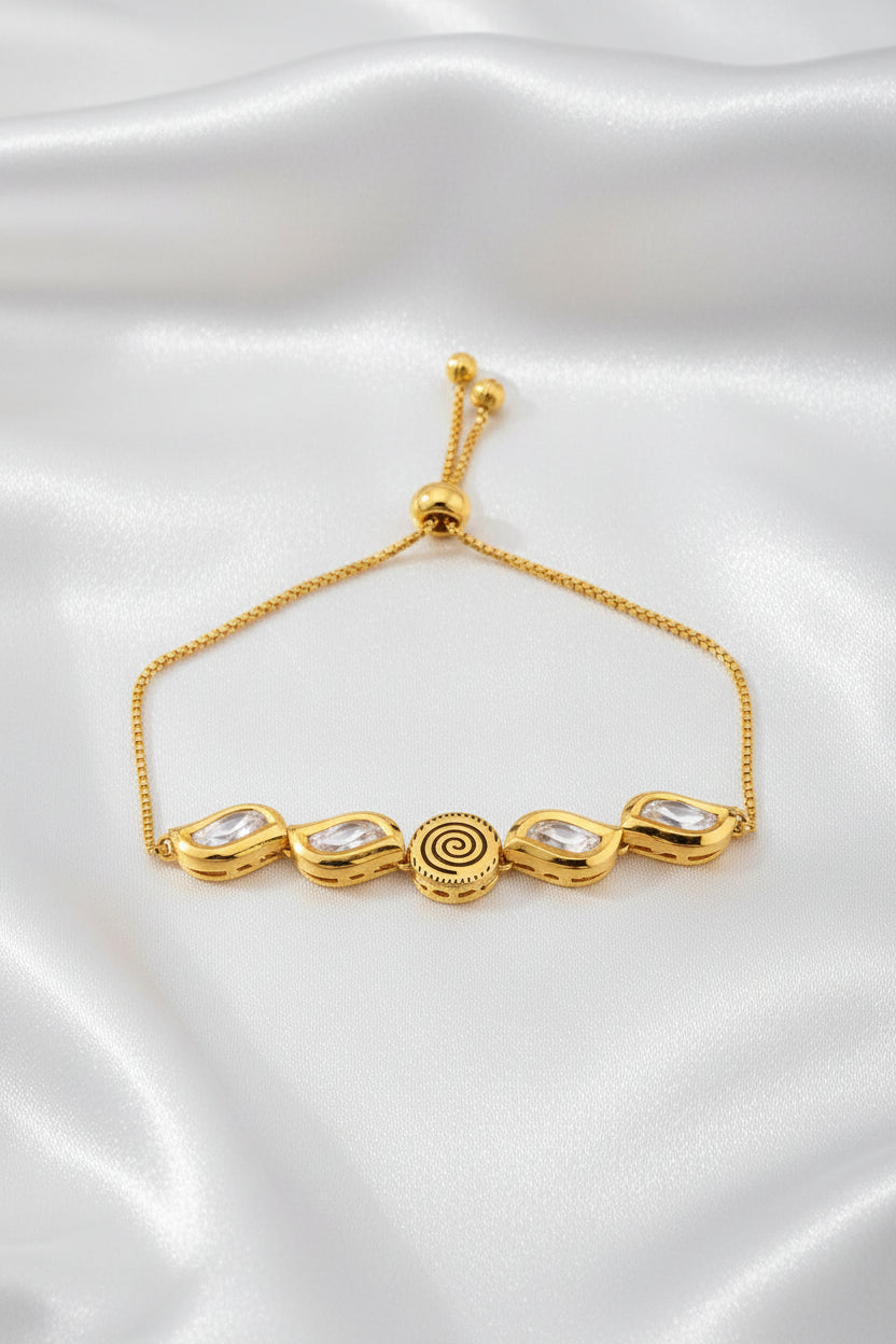 Elegant Gold Finish Adjustable Crystal Bracelet with Spiral Center Design