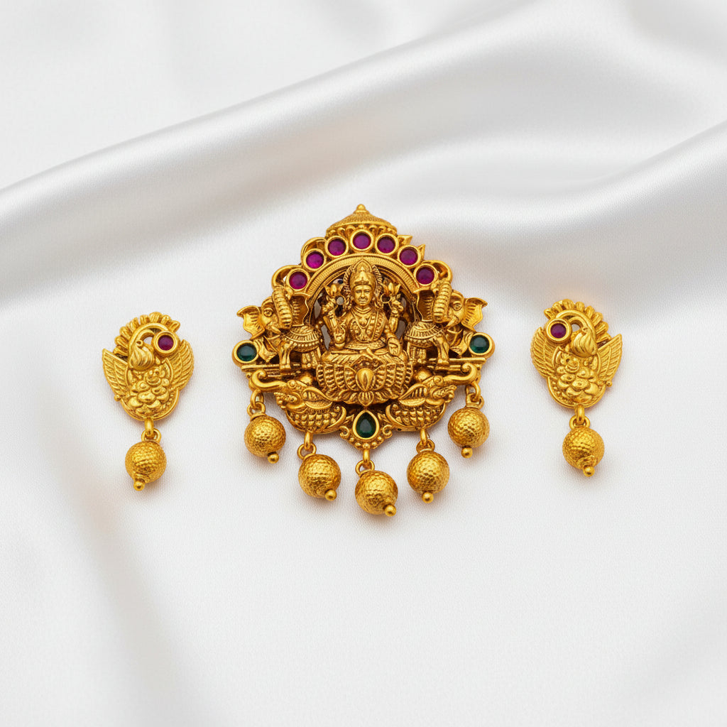 raditional Lakshmi Temple Penadant & Earrings Set – Gold Finish with Ruby & Green Stones