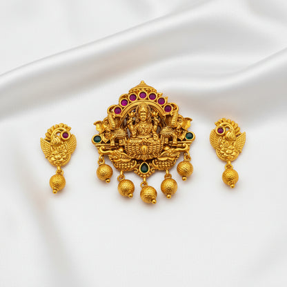 raditional Lakshmi Temple Penadant & Earrings Set – Gold Finish with Ruby & Green Stones
