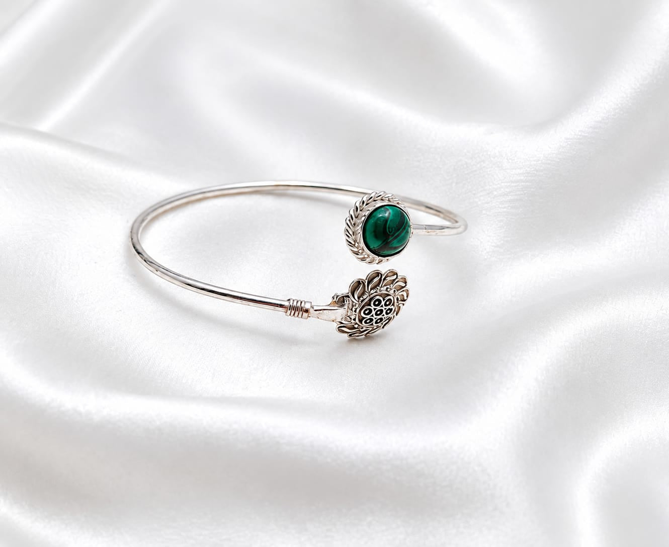 Sterling Silver Green Malachite Floral Cuff Bracelet | Handmade Boho Jewelry