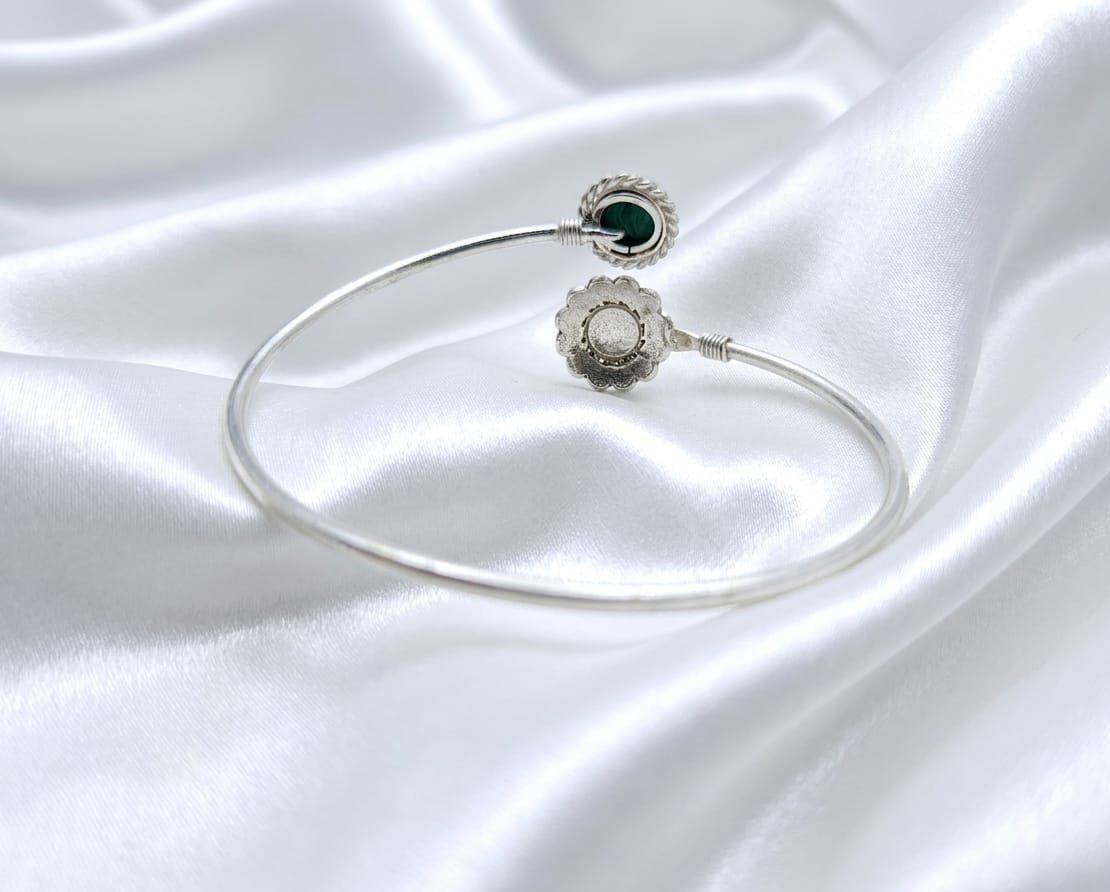 Sterling Silver Green Malachite Floral Cuff Bracelet | Handmade Boho Jewelry