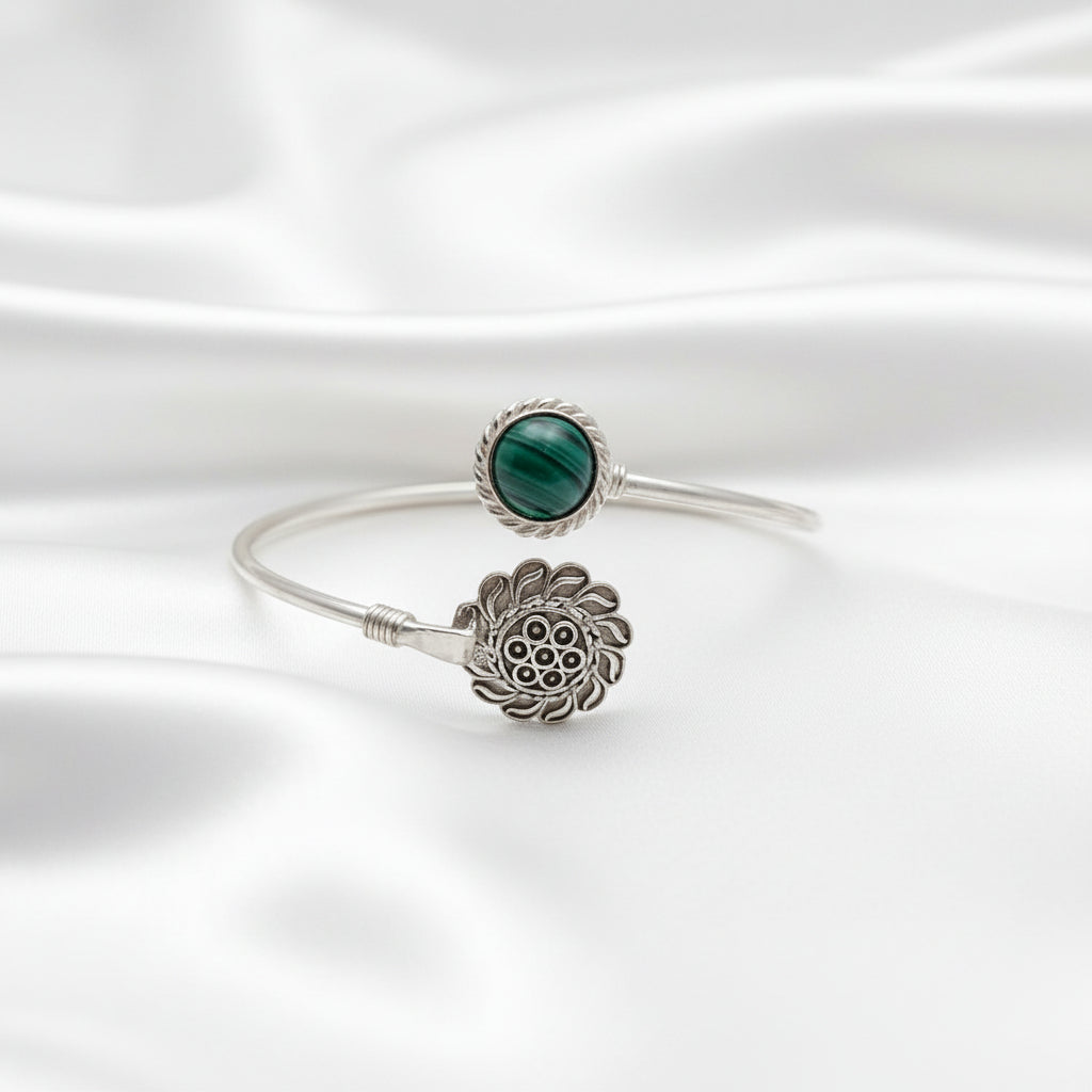 Sterling Silver Green Malachite Floral Cuff Bracelet | Handmade Boho Jewelry