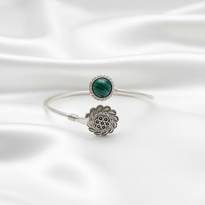 Sterling Silver Green Malachite Floral Cuff Bracelet | Handmade Boho Jewelry