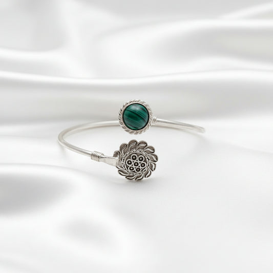 Sterling Silver Green Malachite Floral Cuff Bracelet | Handmade Boho Jewelry