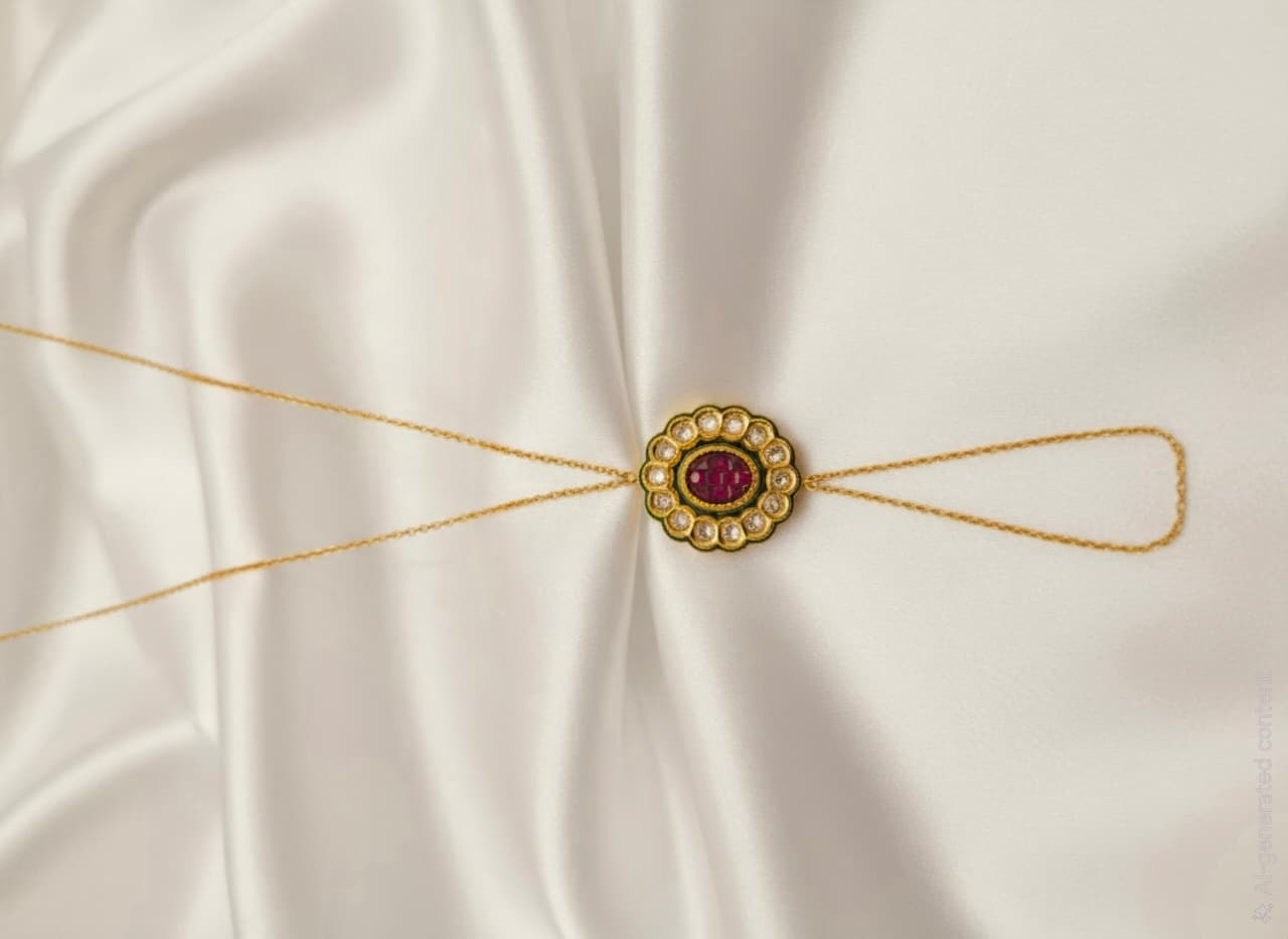 Elegant Gold Hand Harness Bracelet with Pearl & Ruby Stone Floral Design