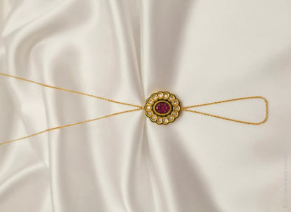 Elegant Gold Hand Harness Bracelet with Pearl & Ruby Stone Floral Design