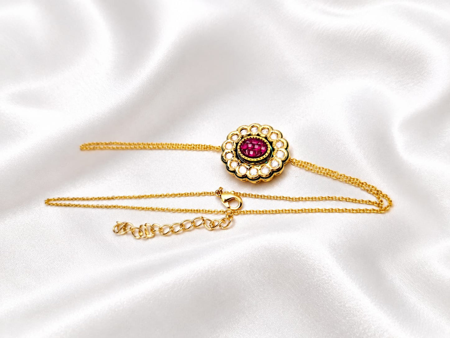 Elegant Gold Hand Harness Bracelet with Pearl & Ruby Stone Floral Design