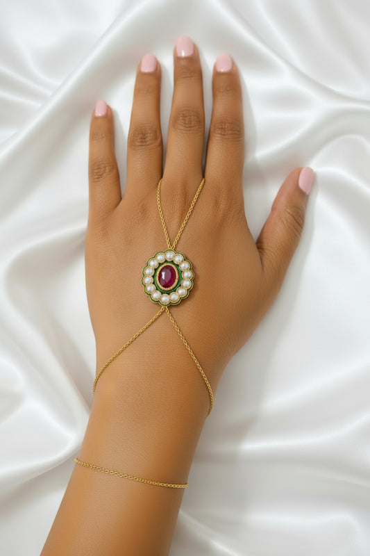 Elegant Gold Hand Harness Bracelet with Pearl & Ruby Stone Floral Design