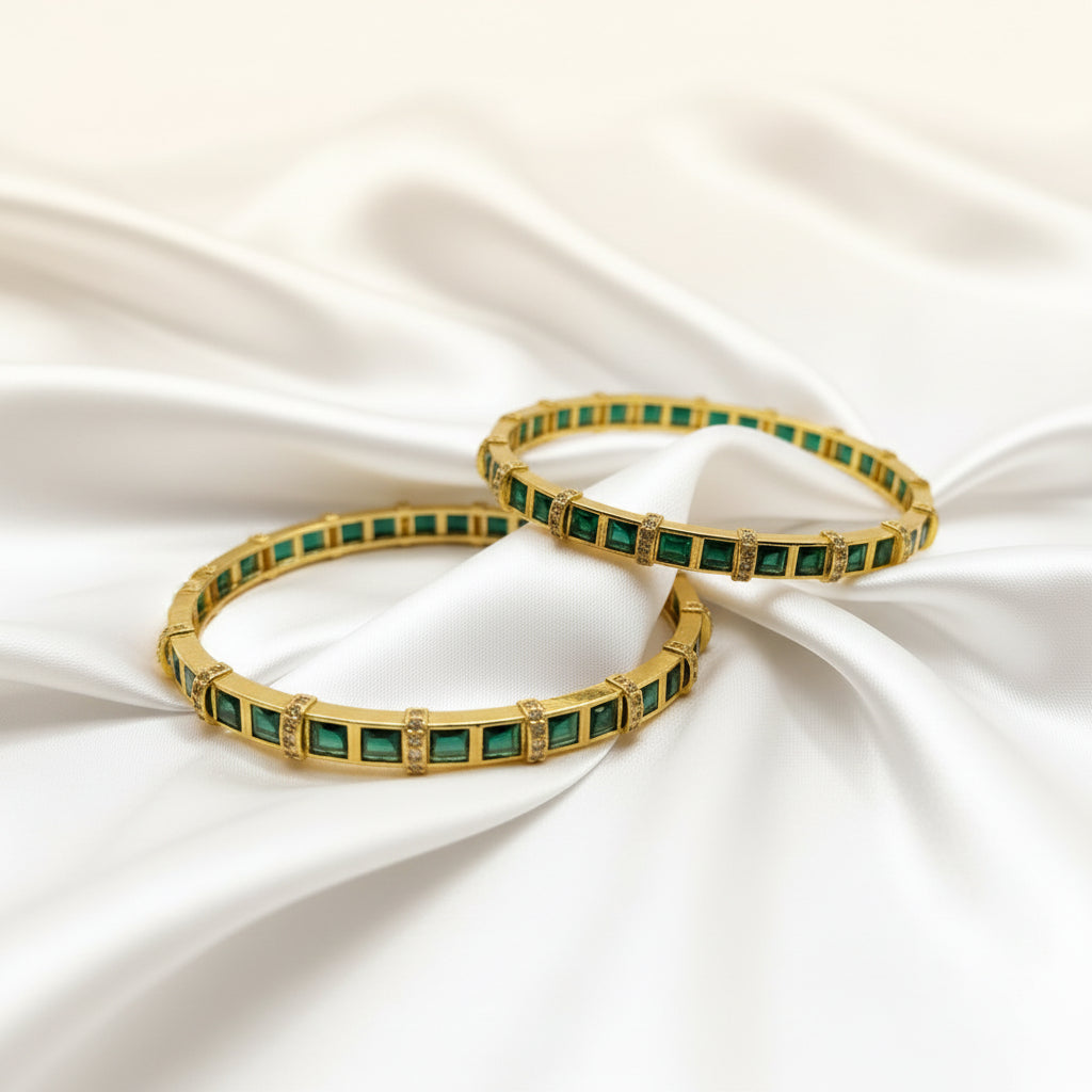 Royal Square-Cut Gemstone Bangle | Gold Plated Eternity Bracelet