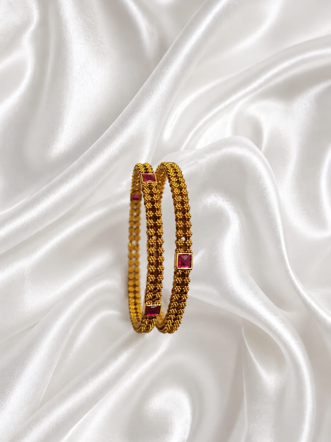 Antique Gold Plated Beaded Bangle Pair with Square Ruby Stones