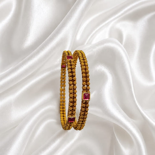 Antique Gold Plated Beaded Bangle Pair with Square Ruby Stones