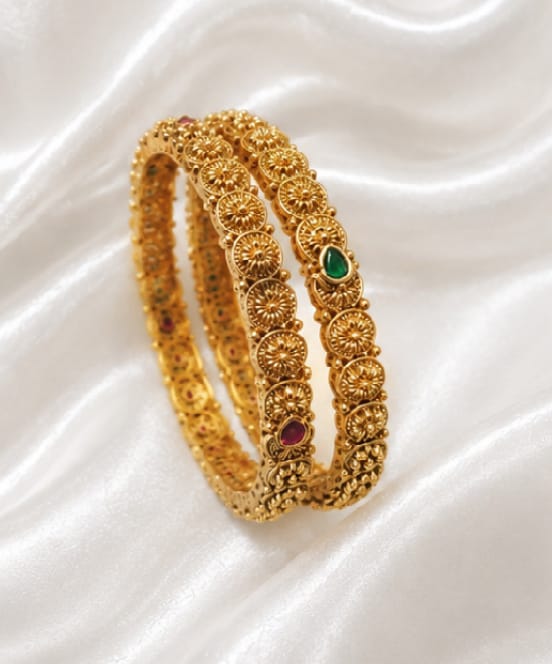 Antique Gold Plated Floral Coin Bangle Set with Kemp Stones