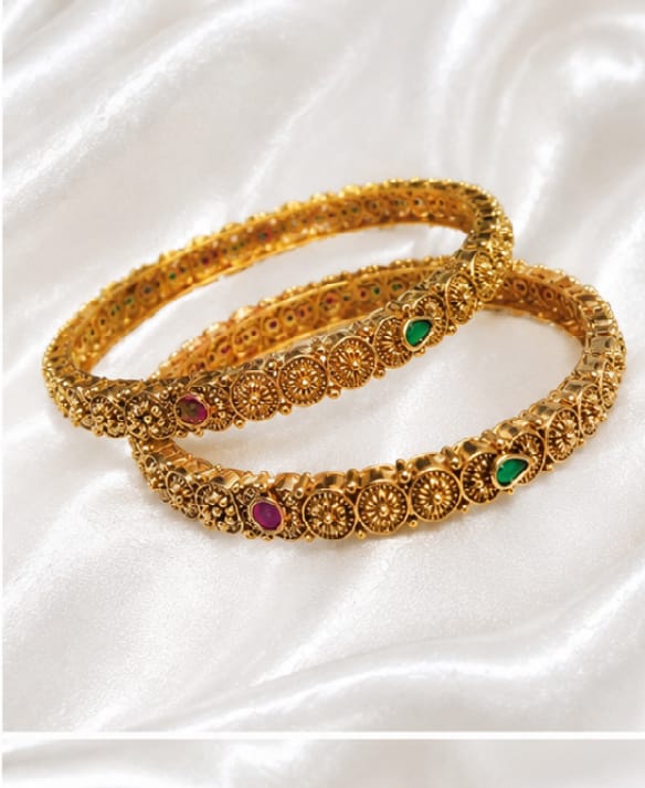 Antique Gold Plated Floral Coin Bangle Set with Kemp Stones