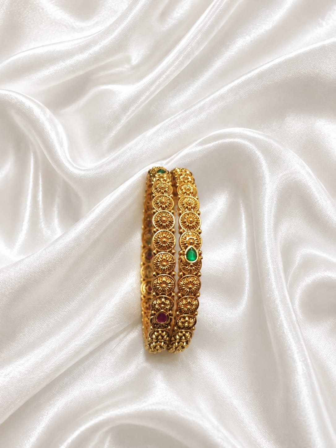 Antique Gold Plated Floral Coin Bangle Set with Kemp Stones