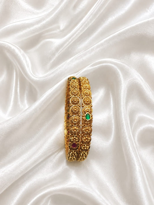 Antique Gold Plated Floral Coin Bangle Set with Kemp Stones