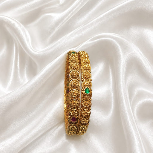 Antique Gold Plated Floral Coin Bangle Set with Kemp Stones