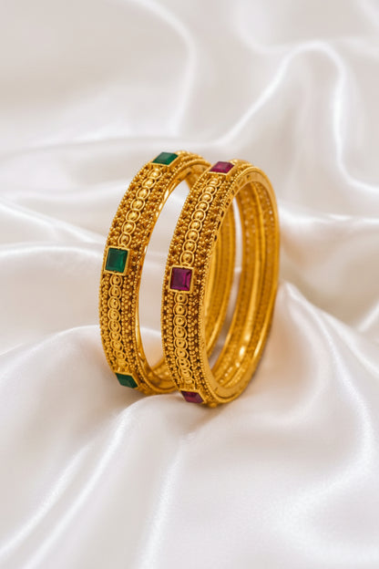 Traditional Gold Plated Antique Bangle Set with Ruby & Emerald Stone Detailing