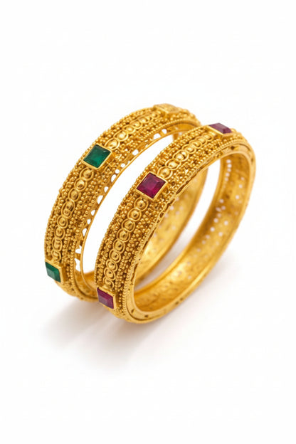 Traditional Gold Plated Antique Bangle Set with Ruby & Emerald Stone Detailing