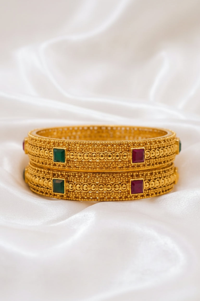 Traditional Gold Plated Antique Bangle Set with Ruby & Emerald Stone Detailing